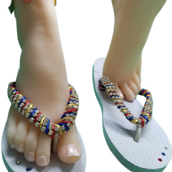 Luxury flip flops with crystals and rhinestones. white and tricolor - Picture 5 of 17